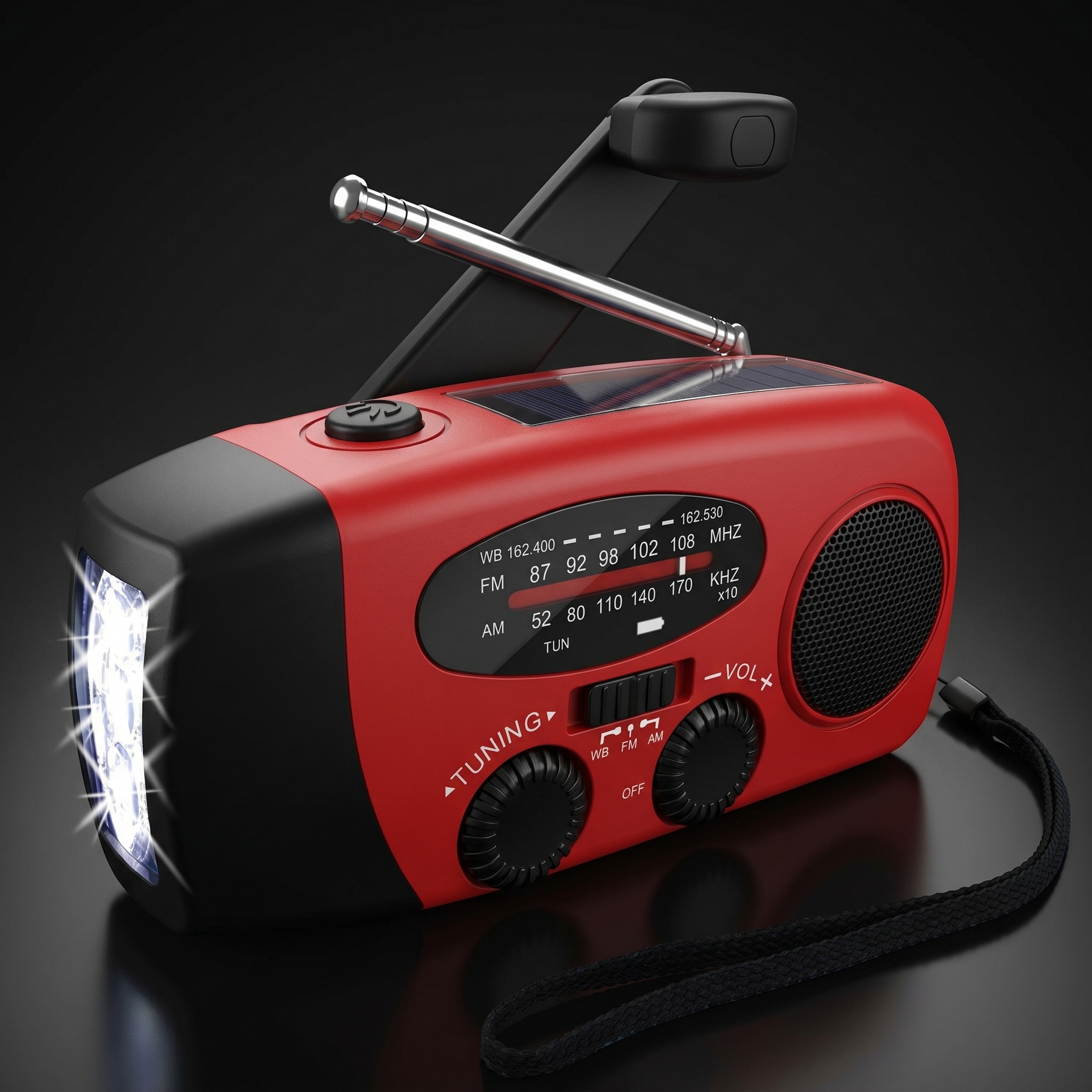 Red Solar Radio 2000mAh Plastic Full Band Radio With USB Port & Built-in Speaker
